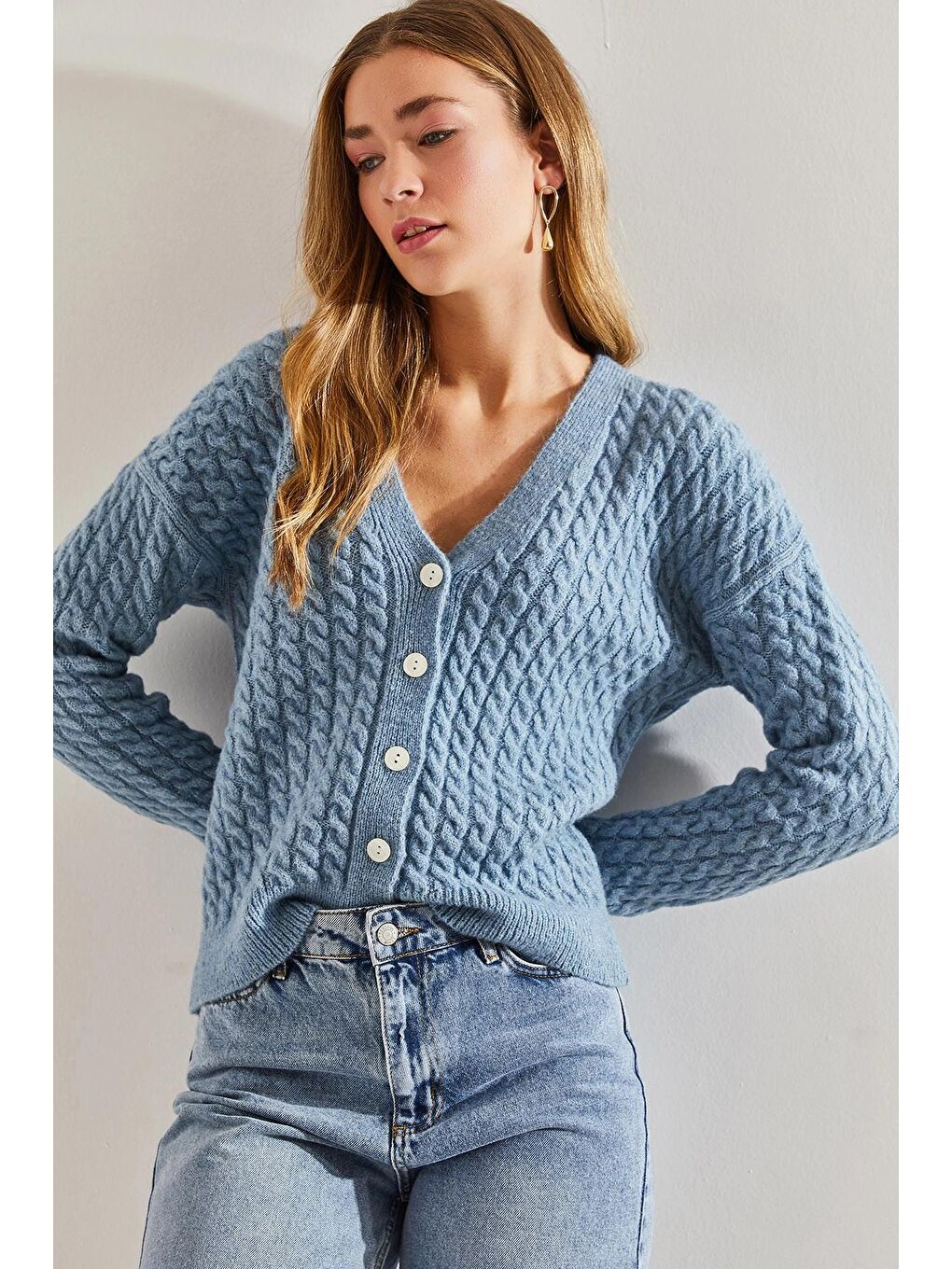 Mavi Kadın Saç Örgülü Düğmeli Triko Hırka-3