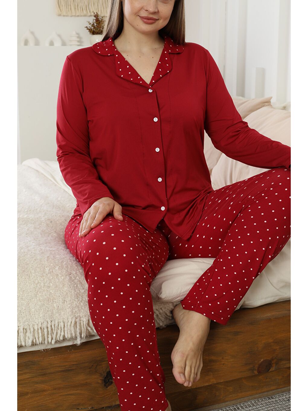 Bordo Desenli Büyük Beden Battal Boy Gömlek Yaka Düğmeli Milan Örme Pijama Takım25224309