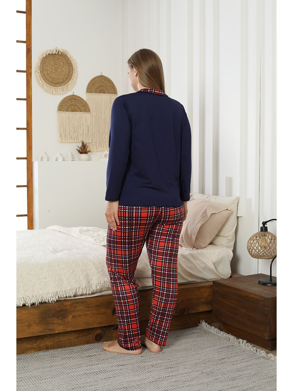 Lacivert Desenli Büyük Beden Battal Boy Gömlek Yaka Düğmeli Milan Örme Pijama Takım25224308-2