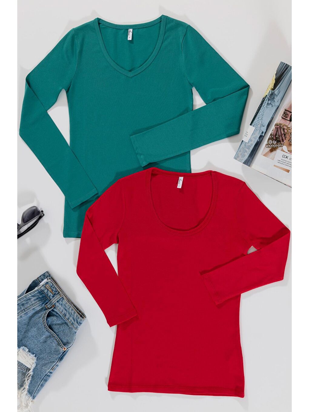 2'li Uzun Kol Yeşil Kırmızı Tshirt