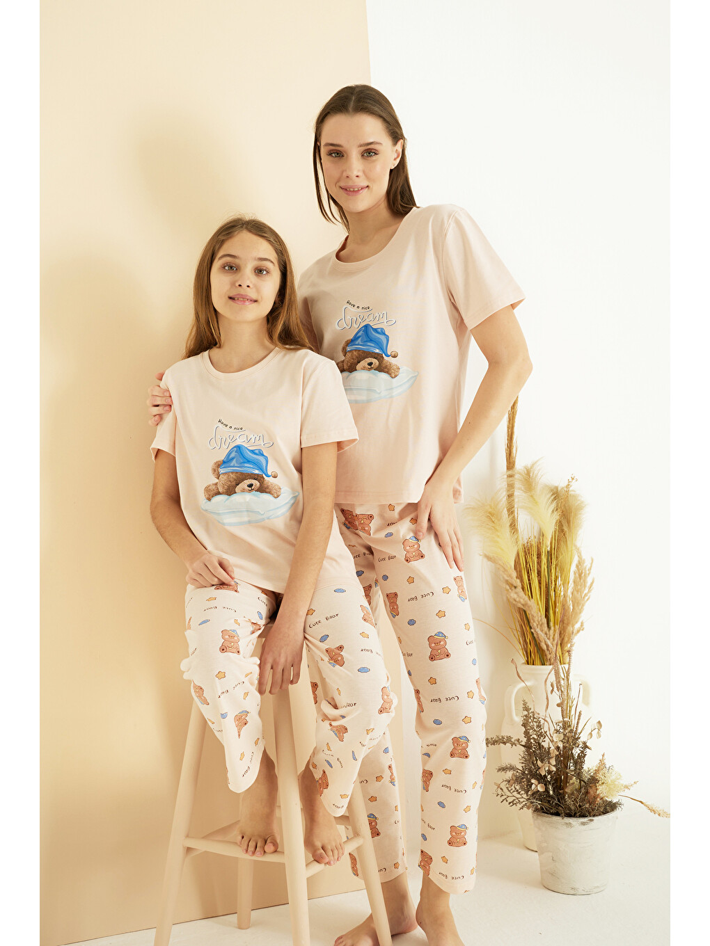 Pembe Somon Desenli Pamuklu Bisiklet Yaka Örme Pijama Takım25107144