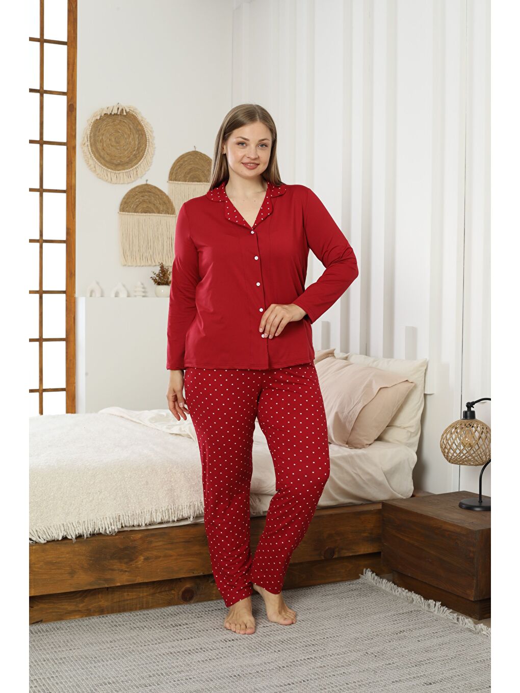 Bordo Desenli Büyük Beden Battal Boy Gömlek Yaka Düğmeli Milan Örme Pijama Takım25224309-1