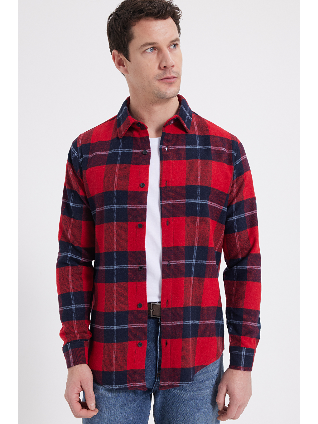 Kırmızı Erkek Slim Fit Dar Kesim Kareli Kışlık Oduncu Gömlek