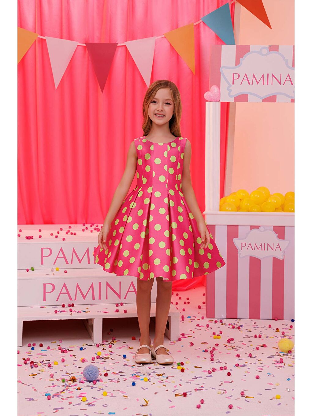 Pembe Puantiyeli Kız Çocuk Elbise-1