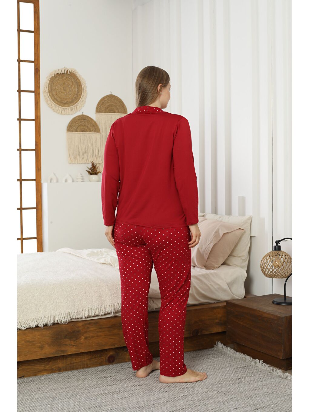 Bordo Desenli Büyük Beden Battal Boy Gömlek Yaka Düğmeli Milan Örme Pijama Takım25224309-2