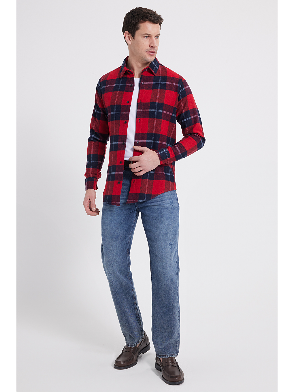 Kırmızı Erkek Slim Fit Dar Kesim Kareli Kışlık Oduncu Gömlek-1