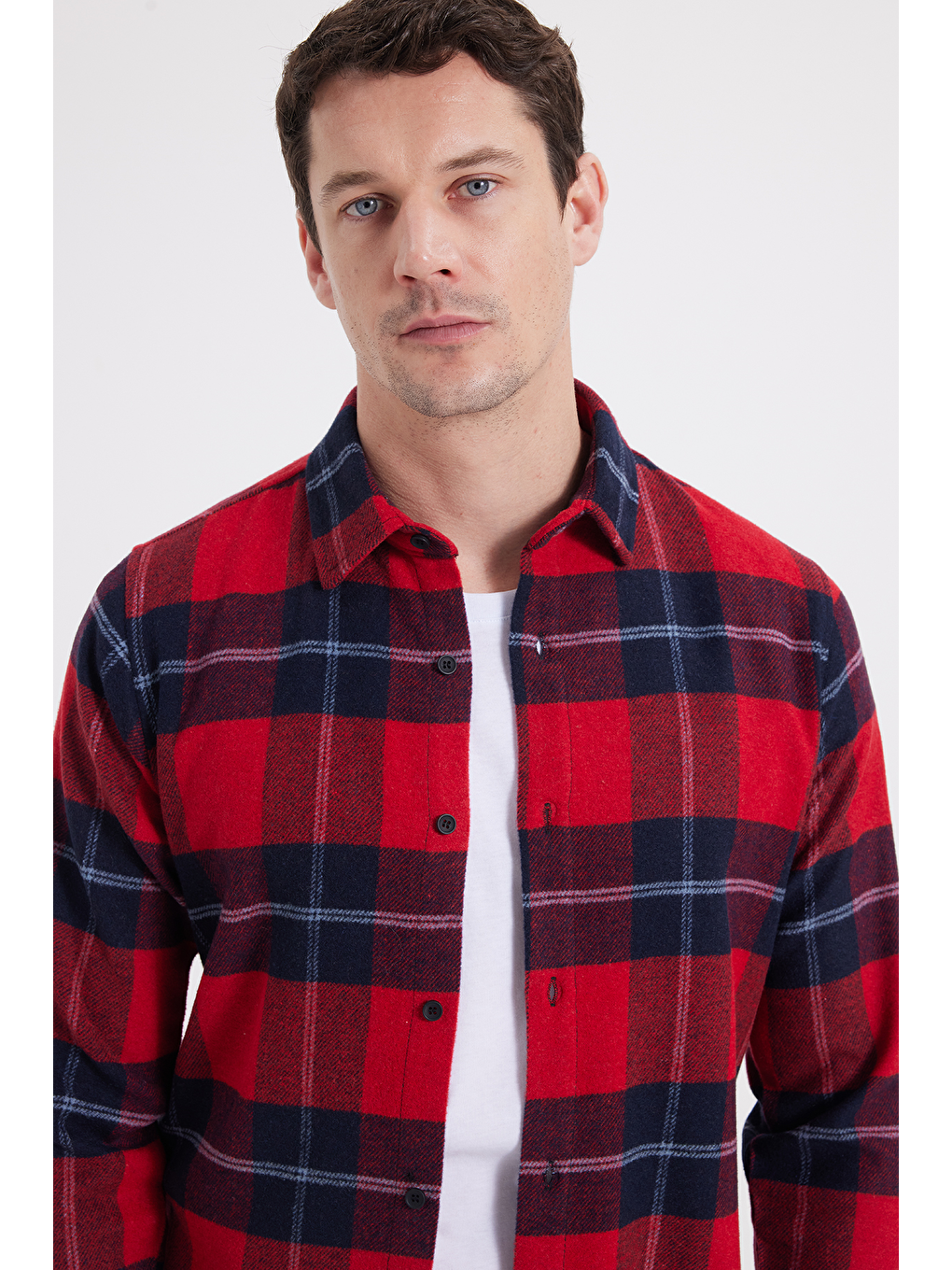 Kırmızı Erkek Slim Fit Dar Kesim Kareli Kışlık Oduncu Gömlek-2