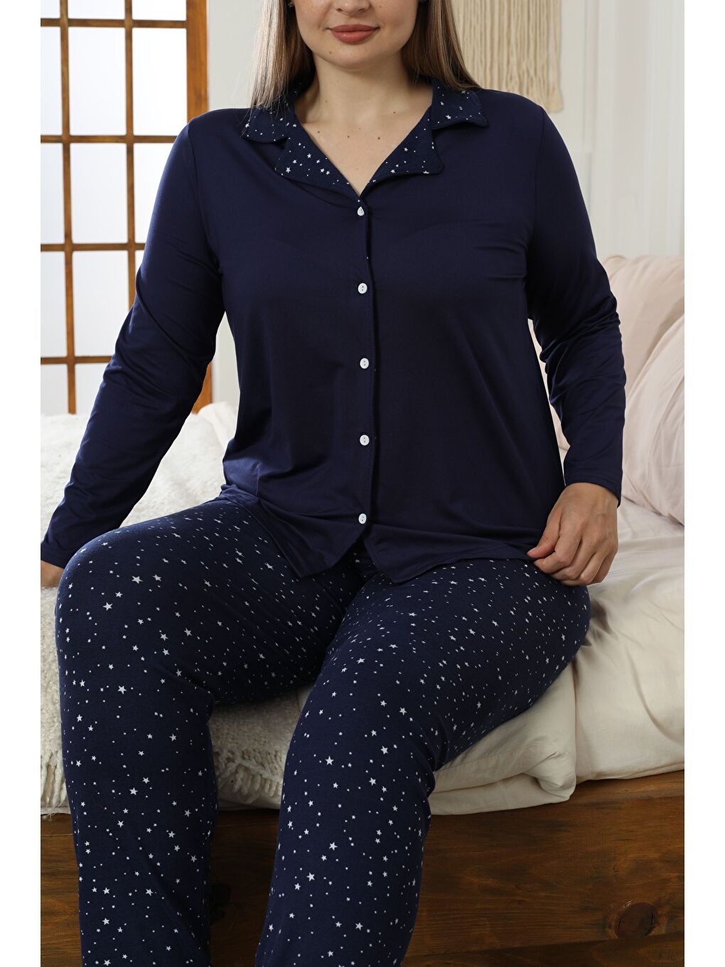 Lacivert Desenli Büyük Beden Battal Boy Gömlek Yaka Düğmeli Milan Örme Pijama Takım25224311