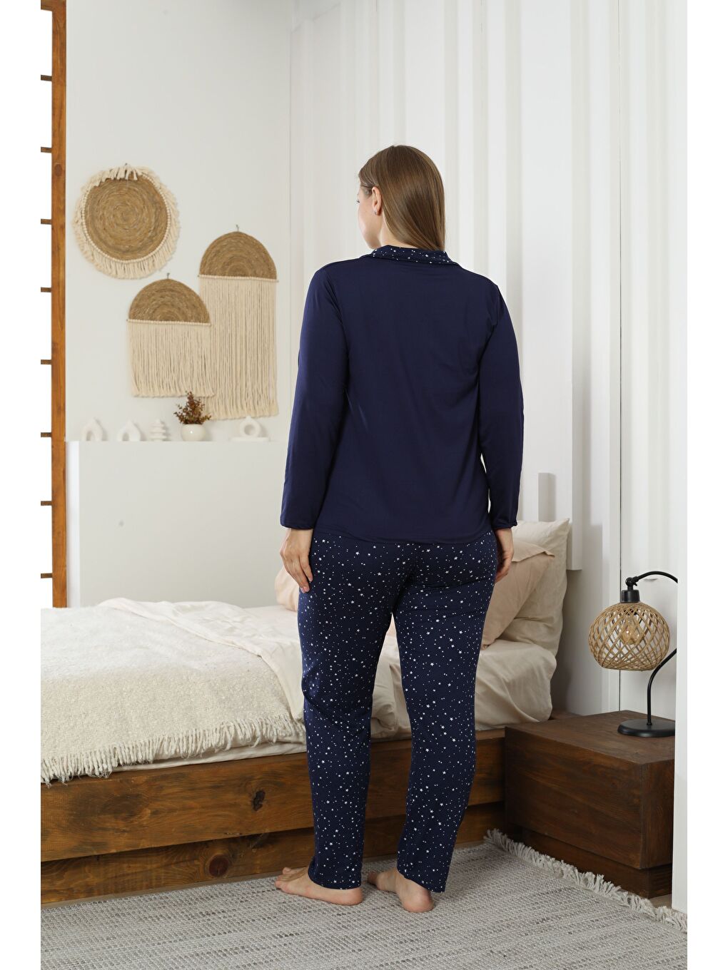 Lacivert Desenli Büyük Beden Battal Boy Gömlek Yaka Düğmeli Milan Örme Pijama Takım25224311-2
