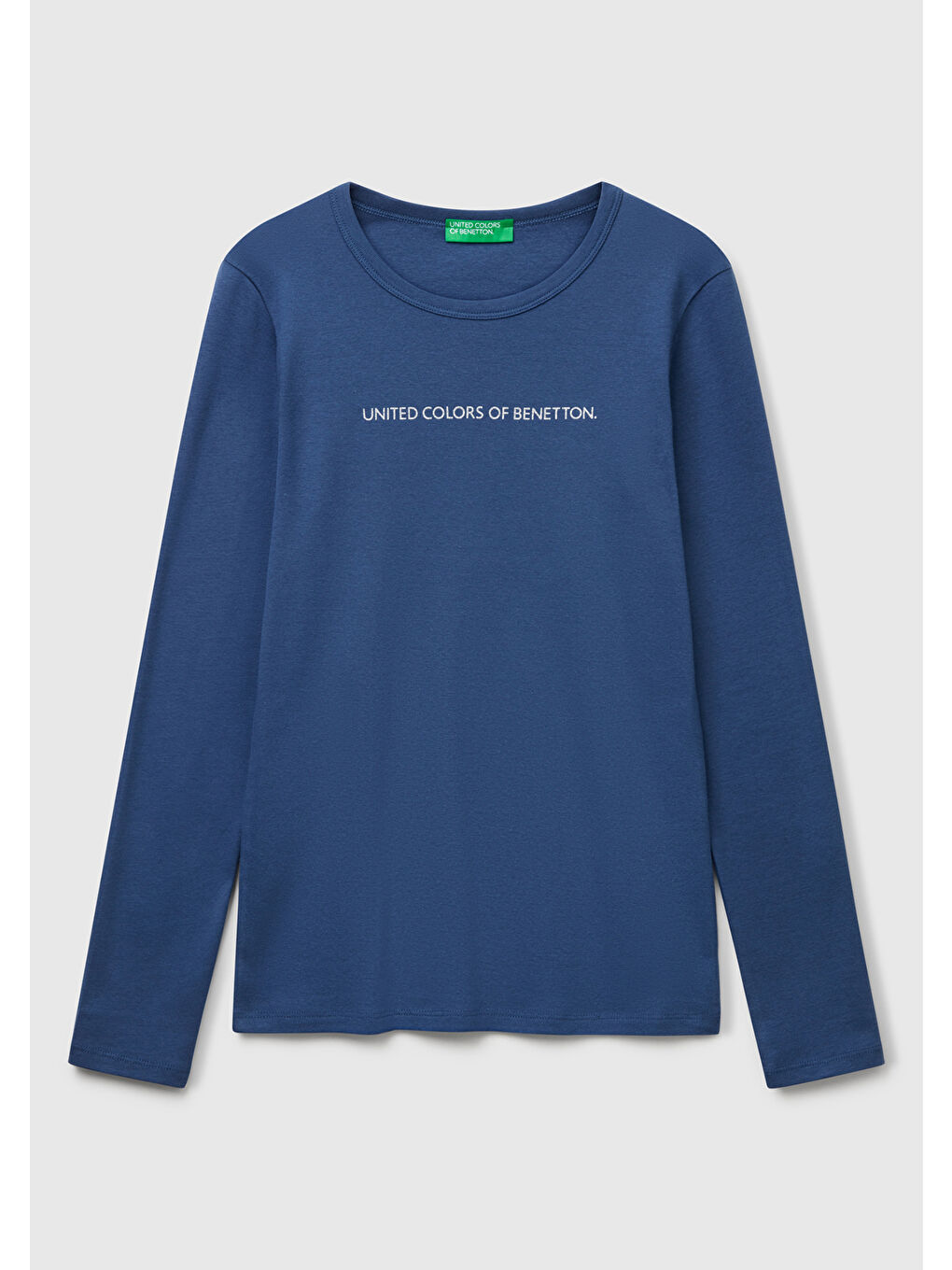 Kadın İndigo Mavisi %100 Pamuk Bisiklet Yaka Benetton Yazılı Uzun Kollu T-Shirt-1