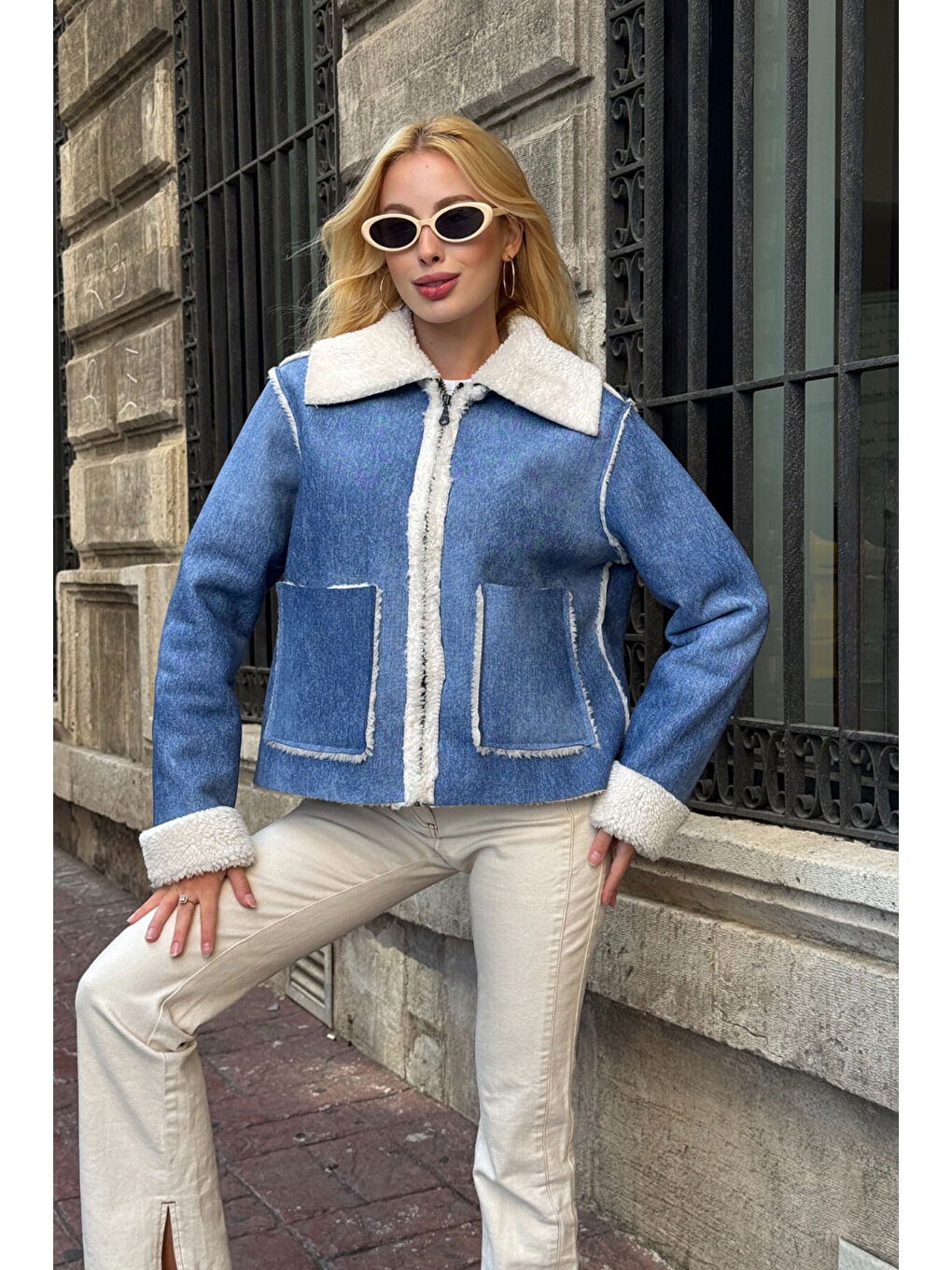 Mavi Çift Cepli İçi Suni Kürklü Biker Mont-1