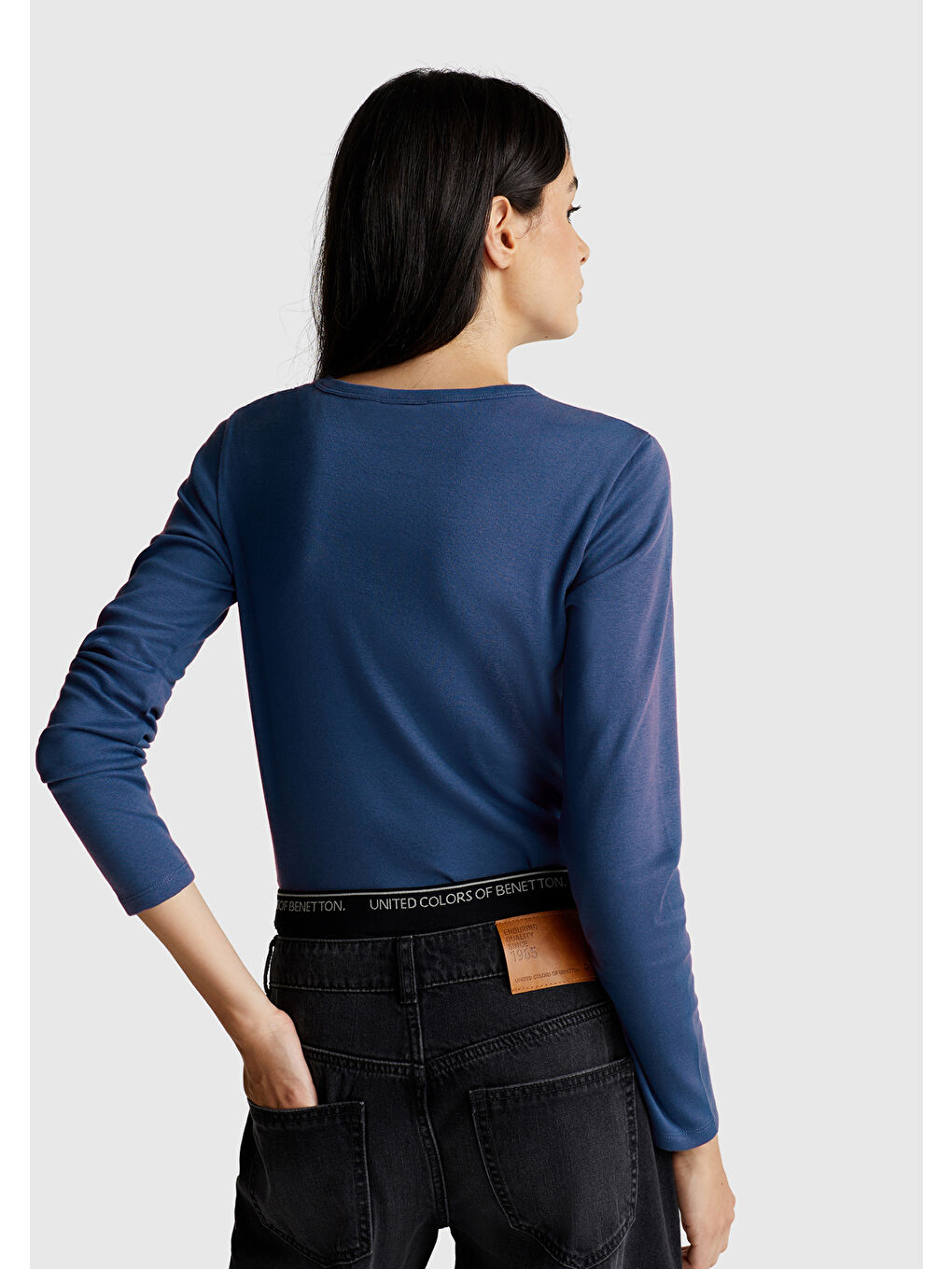 Kadın İndigo Mavisi %100 Pamuk Bisiklet Yaka Benetton Yazılı Uzun Kollu T-Shirt-2