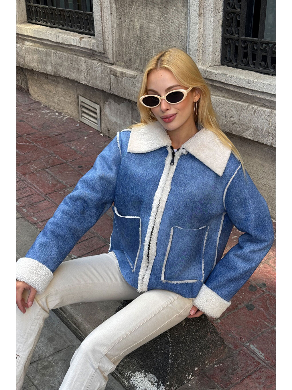 Mavi Çift Cepli İçi Suni Kürklü Biker Mont-2