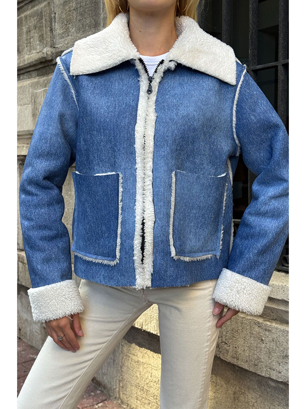 Mavi Çift Cepli İçi Suni Kürklü Biker Mont-3