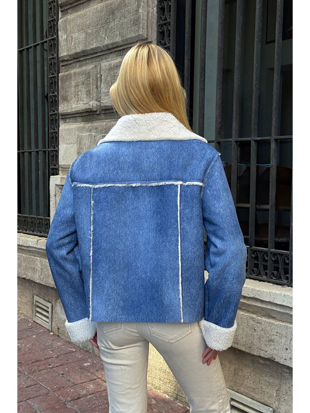 Mavi Çift Cepli İçi Suni Kürklü Biker Mont-4