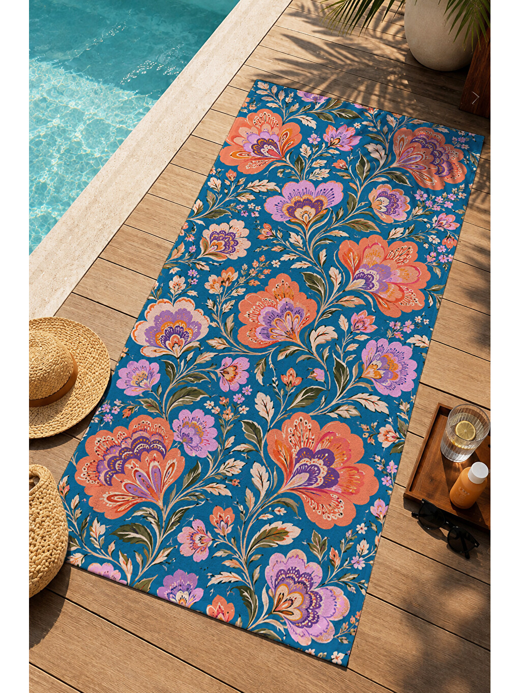 Bohem Lacivert Turuncu Çiçekli Motif Desenli 70x150 Plaj Havlusu - Dijital Baskılı Banyo Havlusu-1