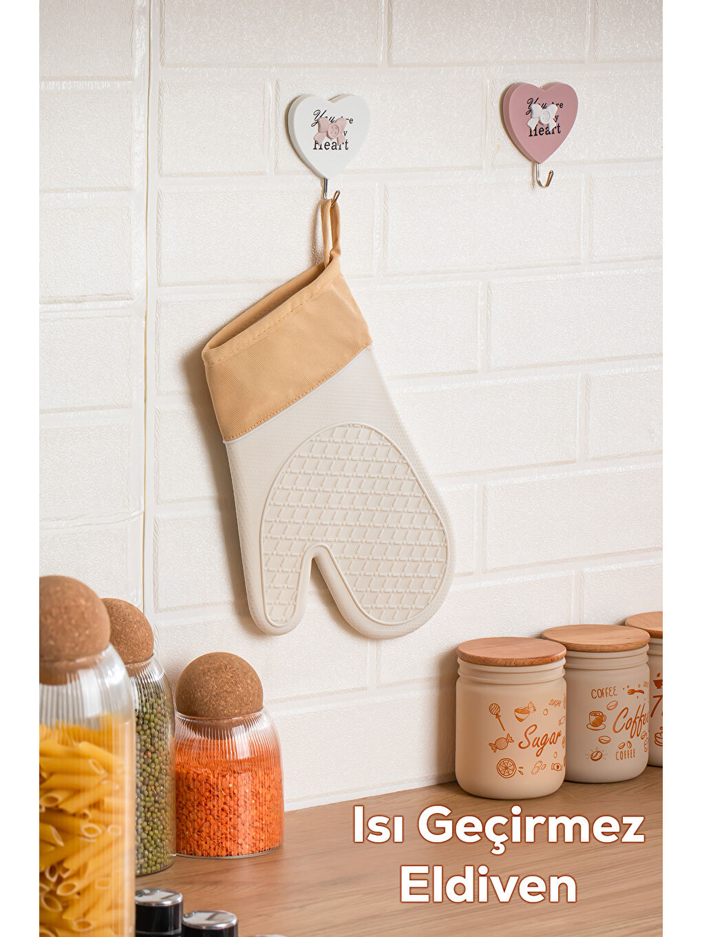 Kahverengi 3137 Silikon Yanmaz Yapışmaz Fırın Eldiveni Krem