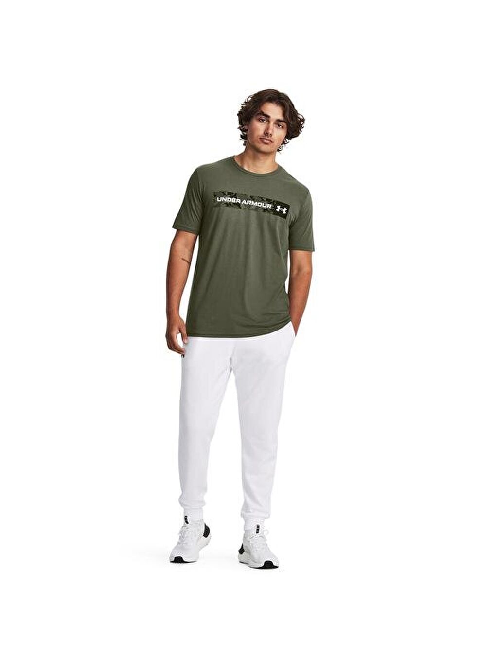 Camo Chest Stripe Erkek Yeşil Yuvarlak Yaka Tişört-1