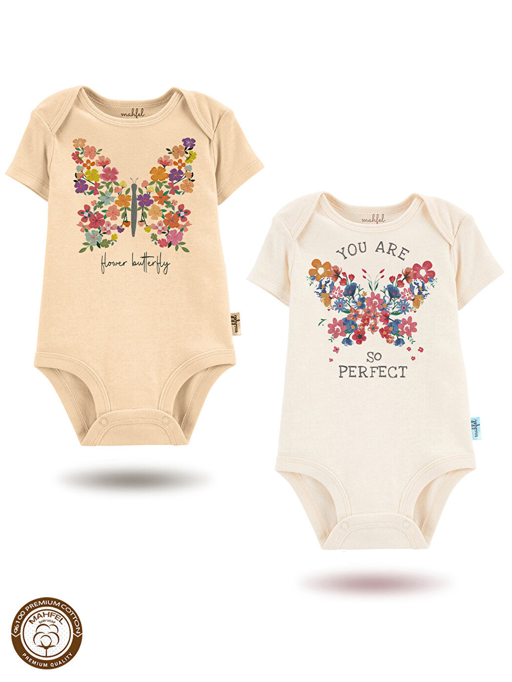 Ekru 2'Li %100 Pamuklu Organik Baskılı Kısa Kollu Çıtçıtlı Bebek Body Zıbın 111-113