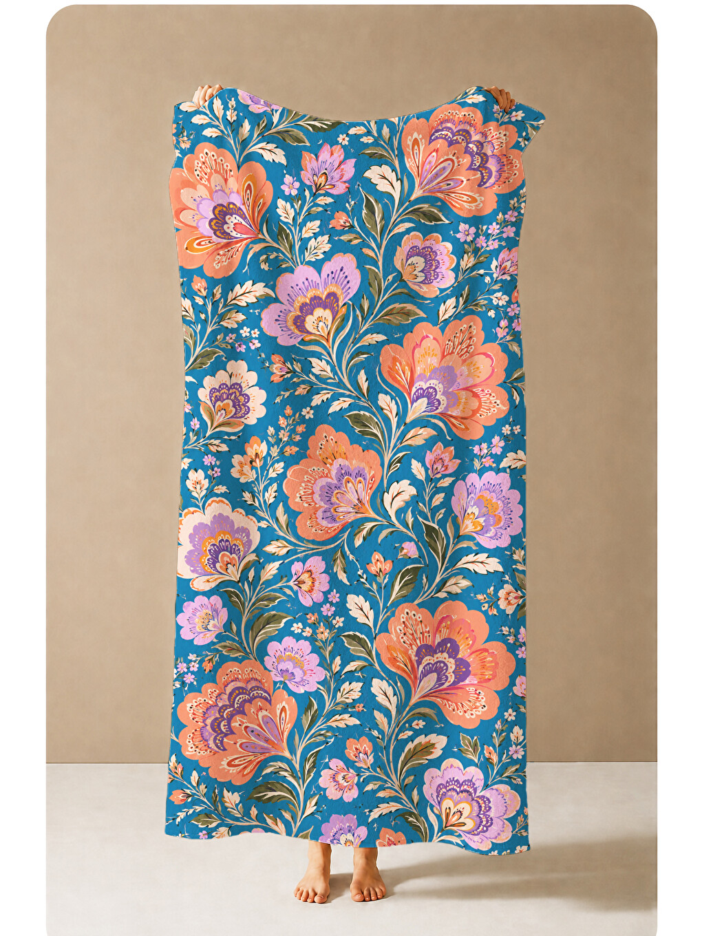 Bohem Lacivert Turuncu Çiçekli Motif Desenli 70x150 Plaj Havlusu - Dijital Baskılı Banyo Havlusu-3
