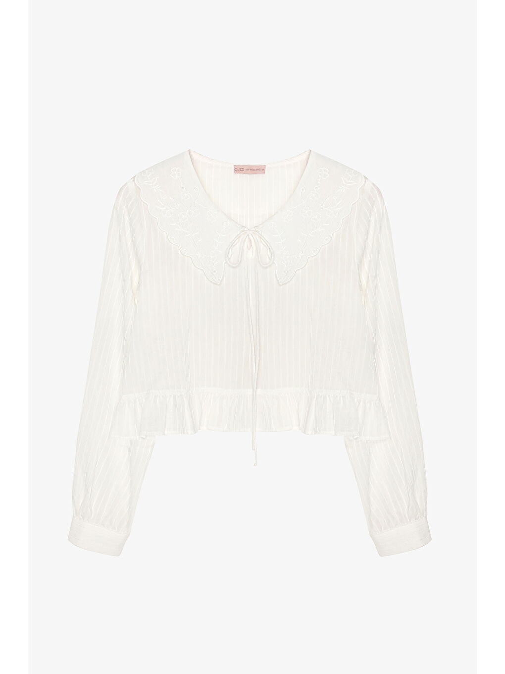 Brode Yaka Bağcıklı Bluz Ekru