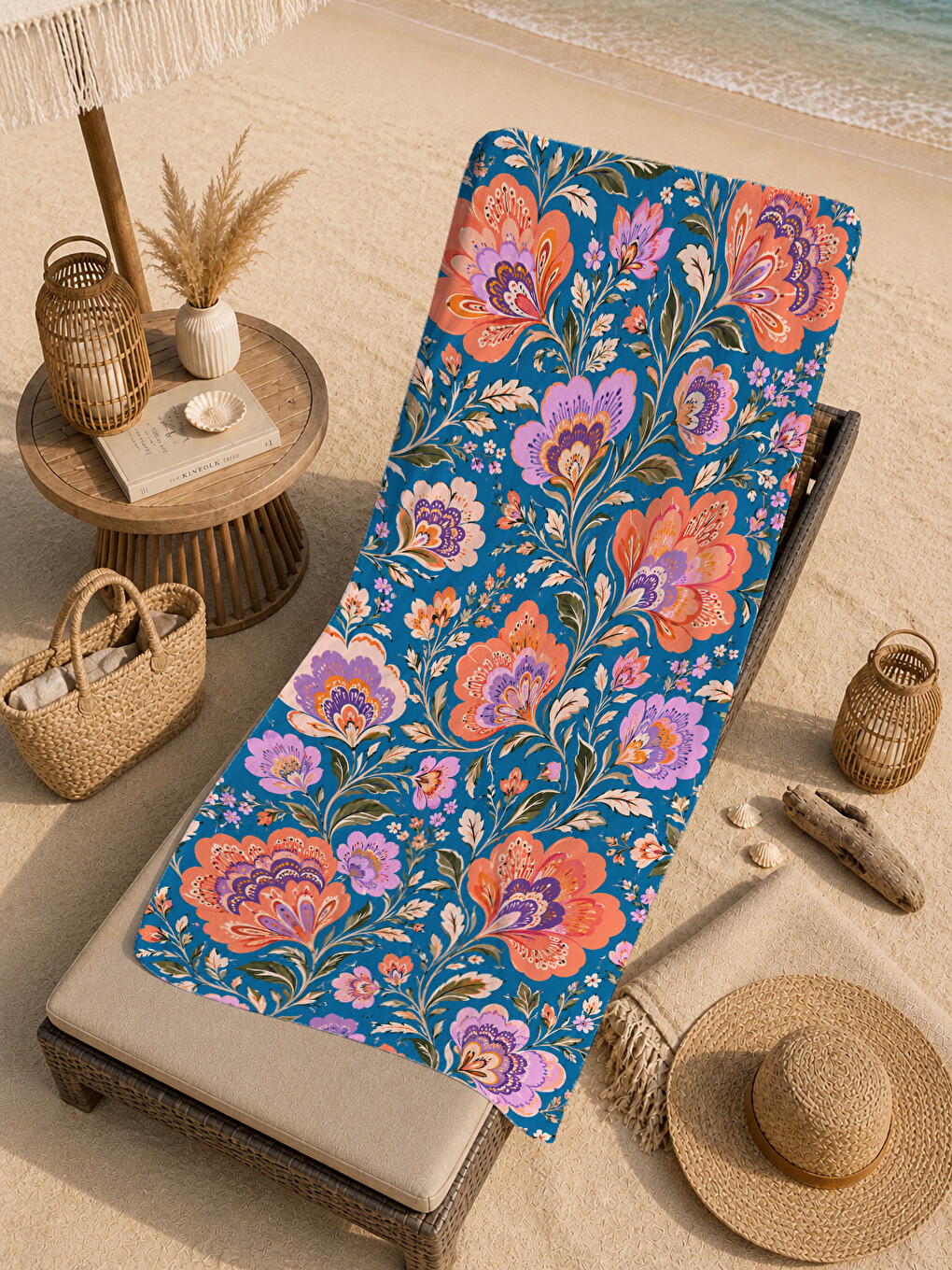 Bohem Lacivert Turuncu Çiçekli Motif Desenli 70x150 Plaj Havlusu - Dijital Baskılı Banyo Havlusu-4