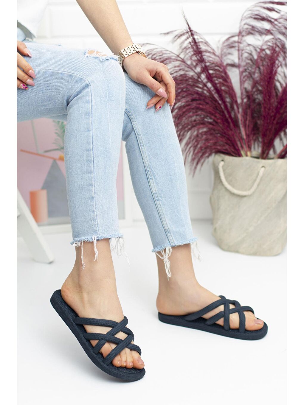 Lacivert G124.94 İp Desen Kadın Terlik Plaj Deniz Havuz Terliği-1