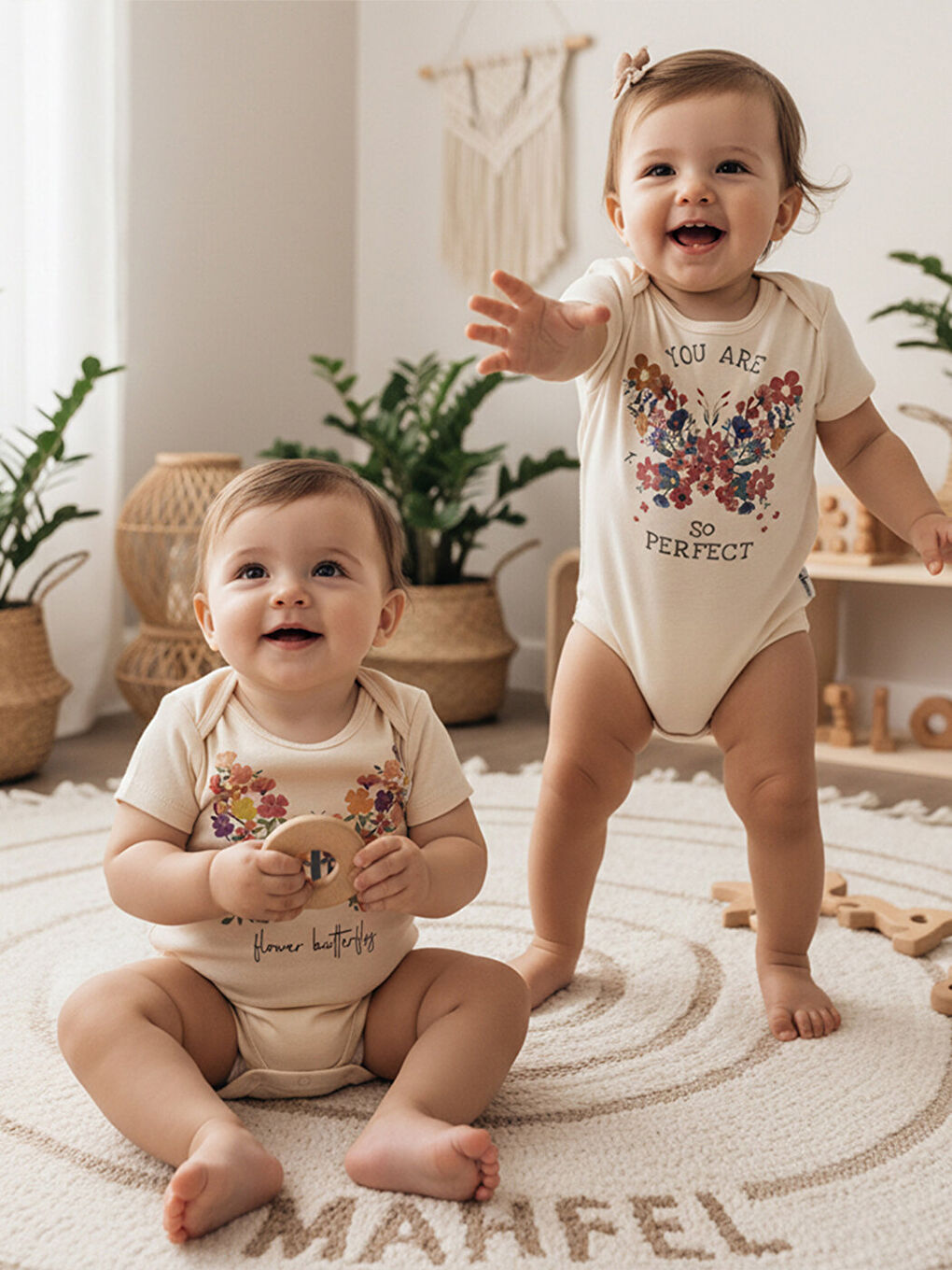 Ekru 2'Li %100 Pamuklu Organik Baskılı Kısa Kollu Çıtçıtlı Bebek Body Zıbın 111-113-1