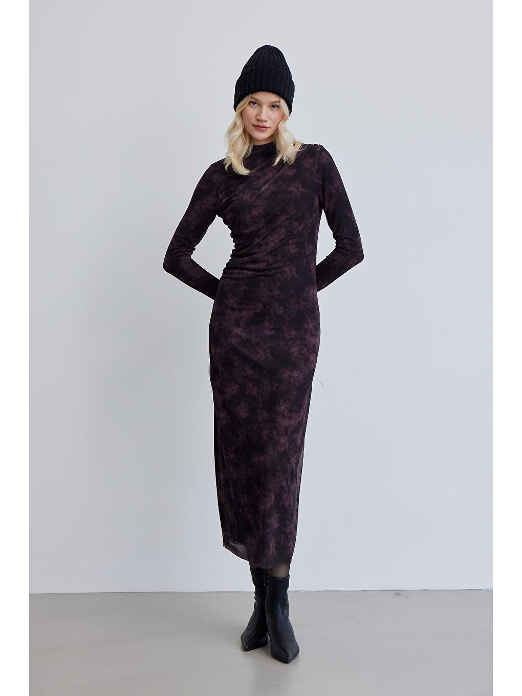 Desenli Tül Elbise Bordo