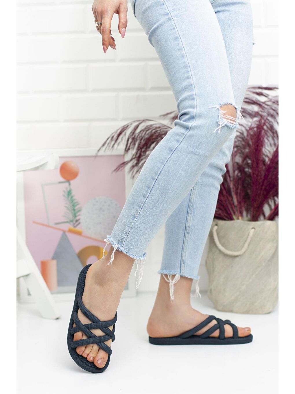 Lacivert G124.94 İp Desen Kadın Terlik Plaj Deniz Havuz Terliği-2