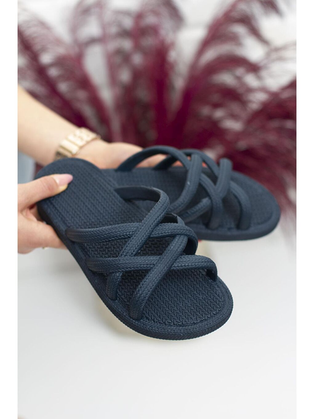 Lacivert G124.94 İp Desen Kadın Terlik Plaj Deniz Havuz Terliği-3