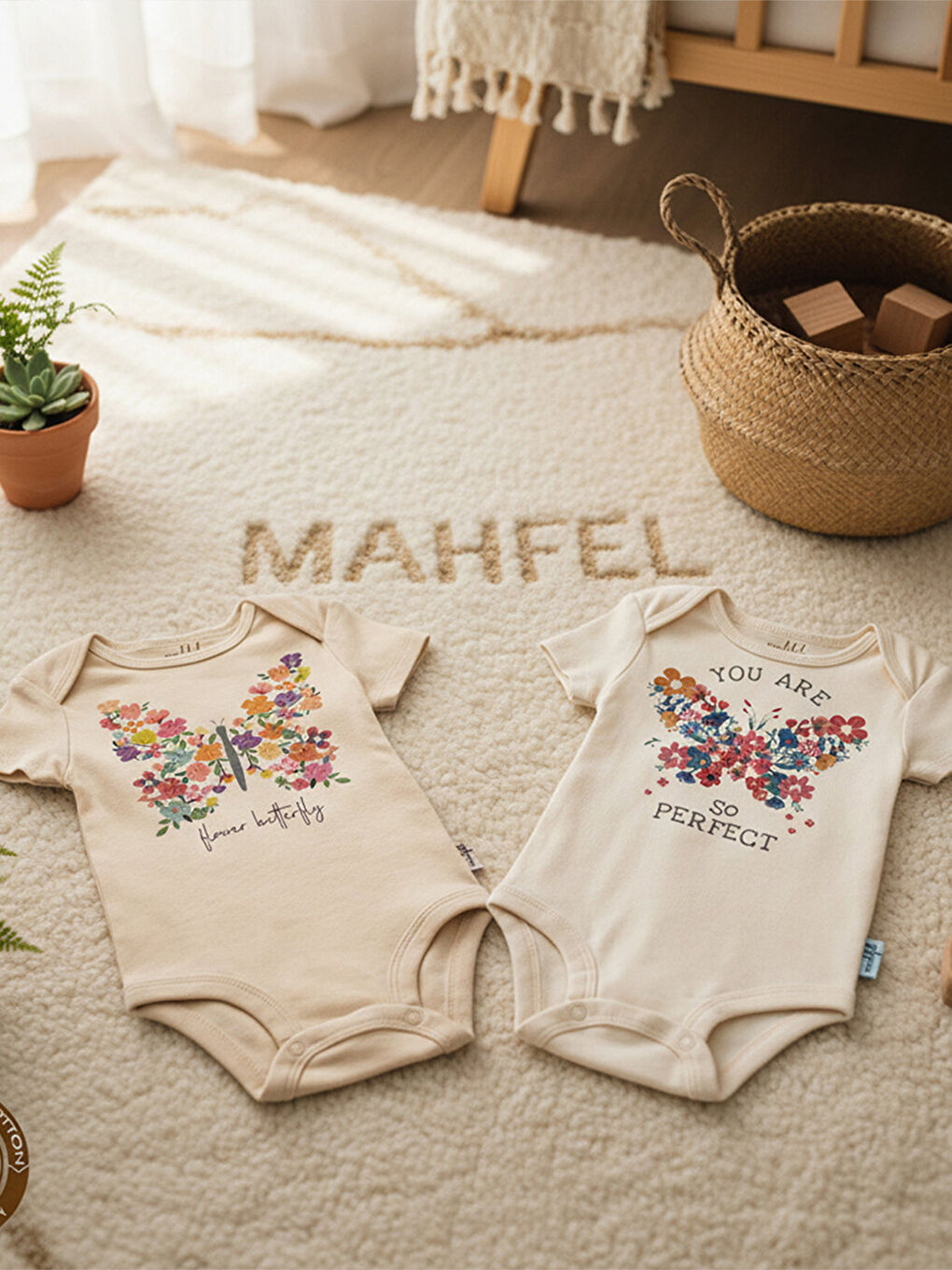 Ekru 2'Li %100 Pamuklu Organik Baskılı Kısa Kollu Çıtçıtlı Bebek Body Zıbın 111-113-2