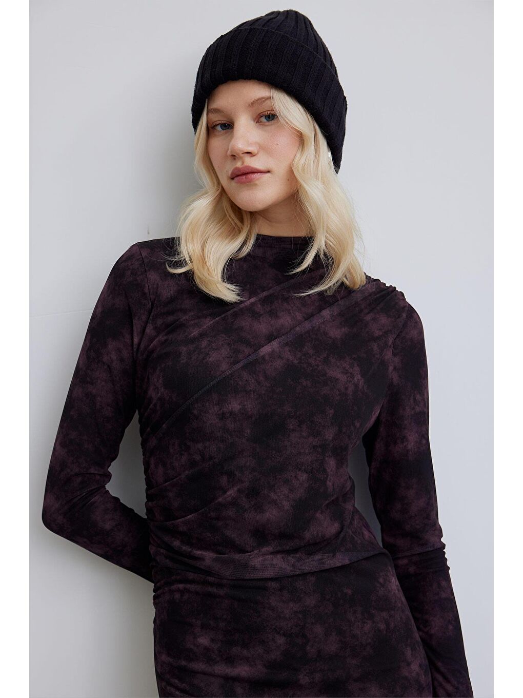 Desenli Tül Elbise Bordo-2