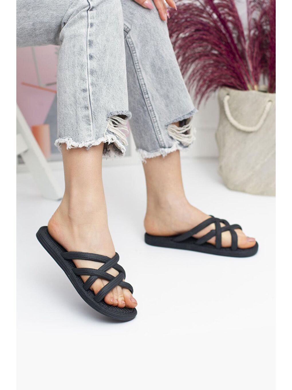 Siyah G124.94 İp Desen Kadın Terlik Plaj Deniz Havuz Terliği-1