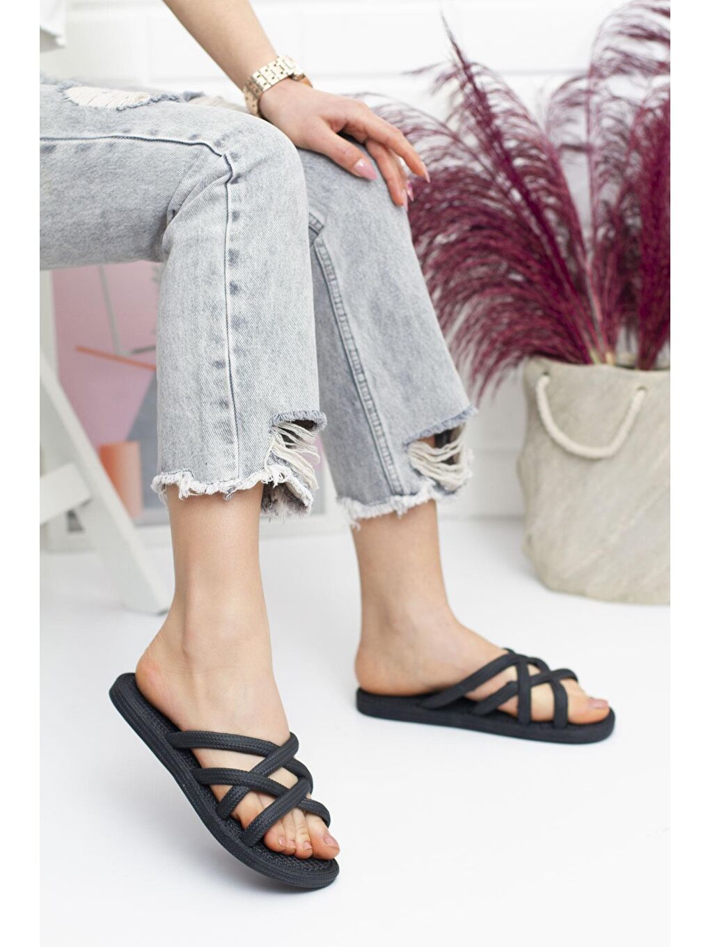 Siyah G124.94 İp Desen Kadın Terlik Plaj Deniz Havuz Terliği-2