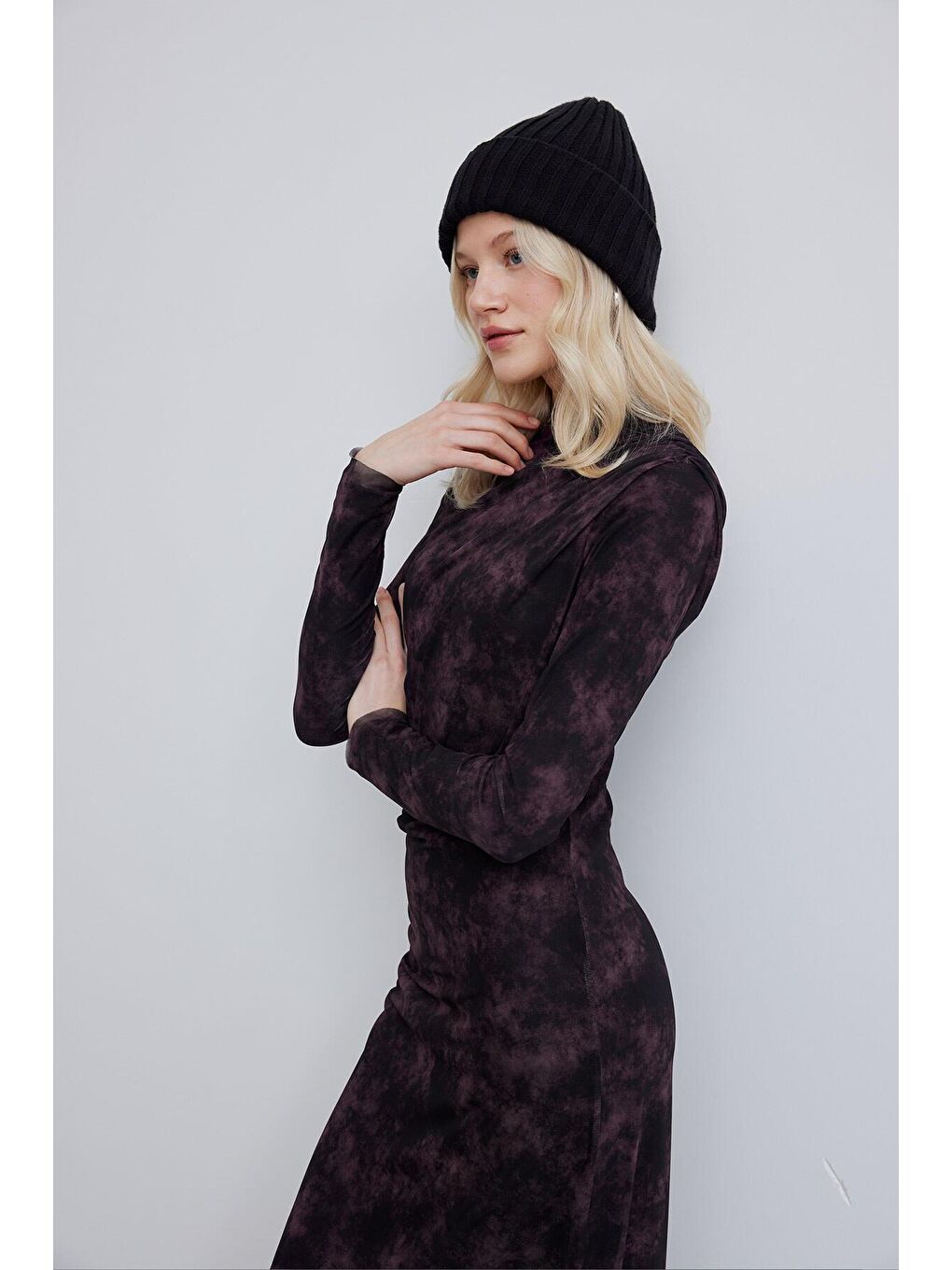 Desenli Tül Elbise Bordo-3