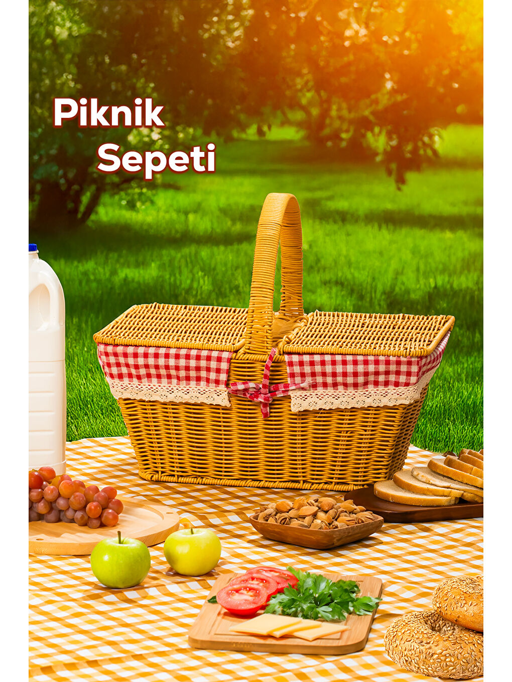 Kahverengi 2079 Dökdörtgen Hasır Görünümlü Piknik Sepeti Piknik Çantası 42x37cm