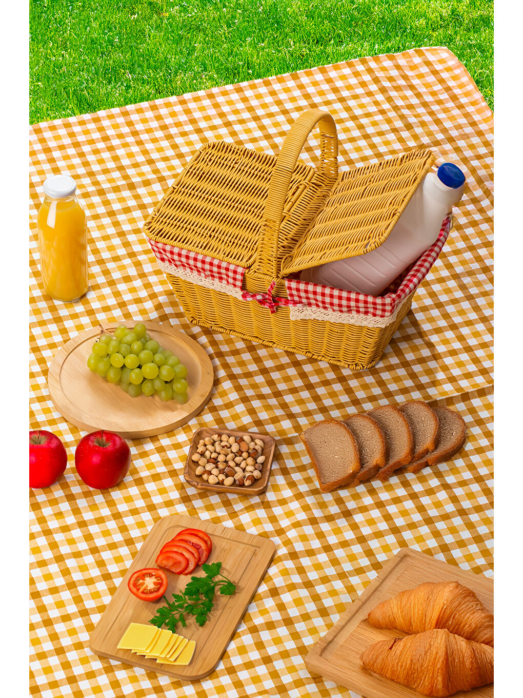 Kahverengi 2079 Dökdörtgen Hasır Görünümlü Piknik Sepeti Piknik Çantası 42x37cm-1