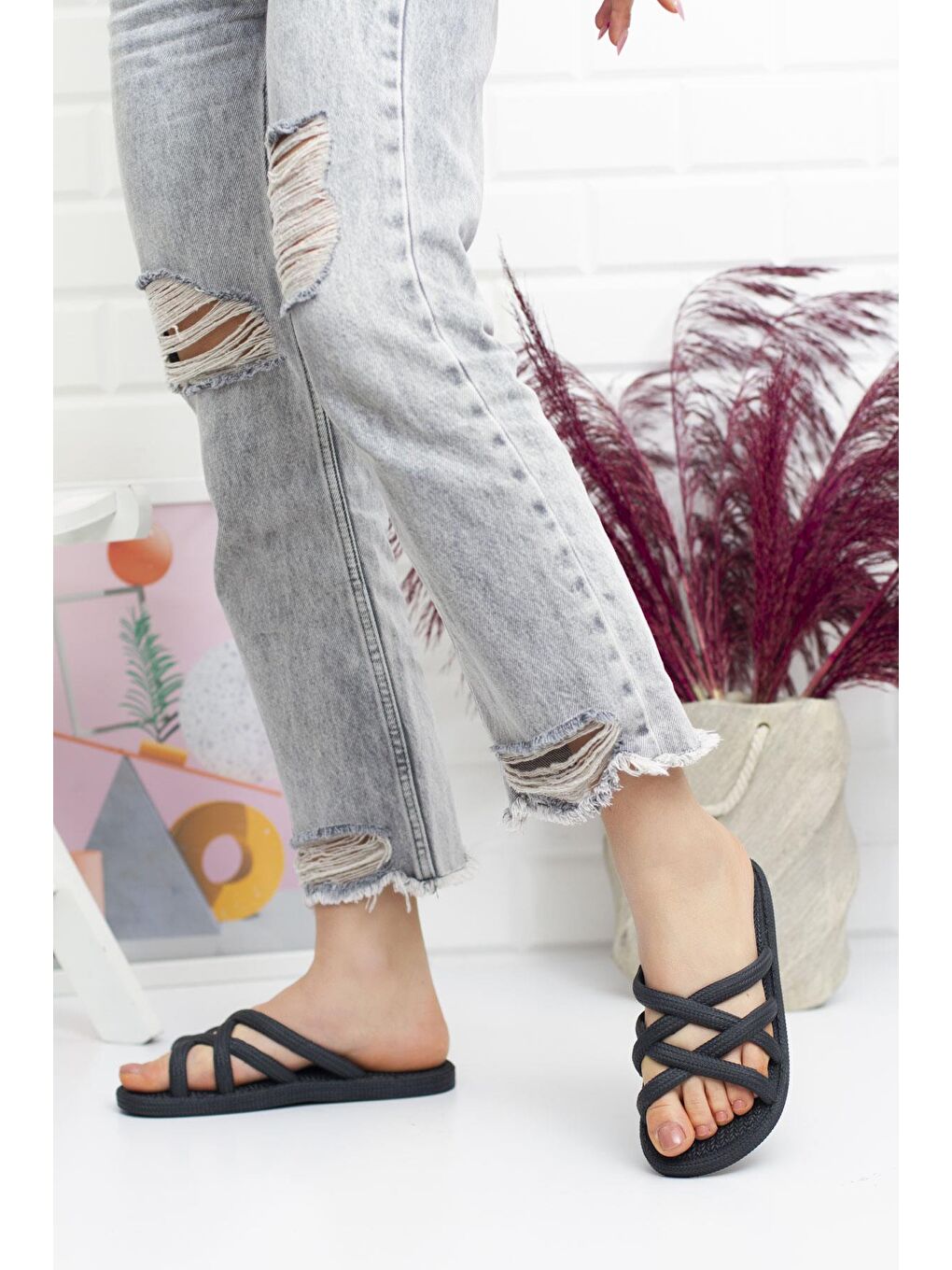 Siyah G124.94 İp Desen Kadın Terlik Plaj Deniz Havuz Terliği-3