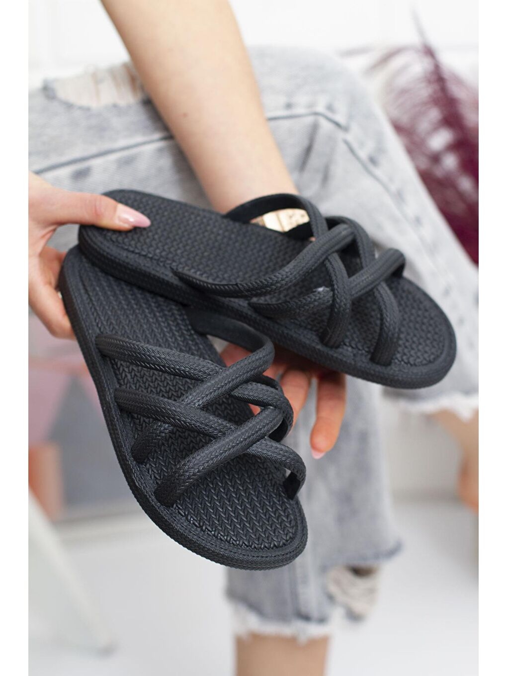 Siyah G124.94 İp Desen Kadın Terlik Plaj Deniz Havuz Terliği-4
