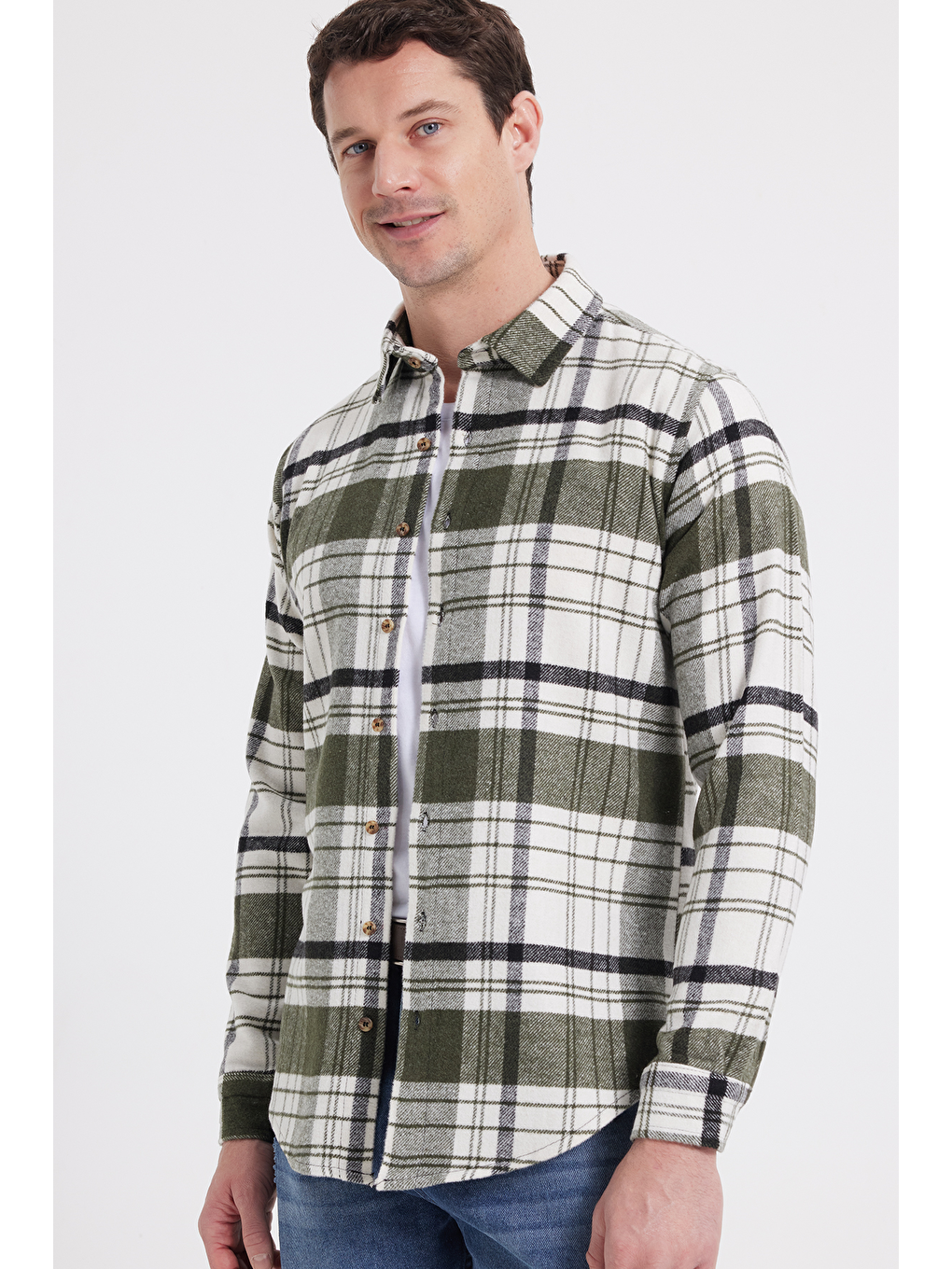 Haki Erkek Slim Fit Dar Kesim Kareli Kışlık Oduncu Gömlek