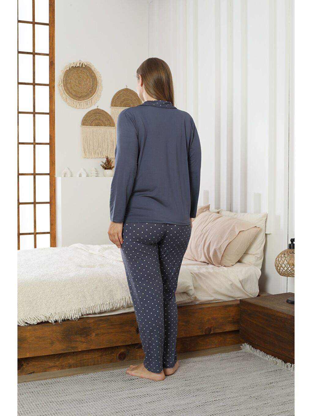 İndigo Desenli Büyük Beden Battal Boy Gömlek Yaka Düğmeli Milan Örme Pijama Takım25224314-2