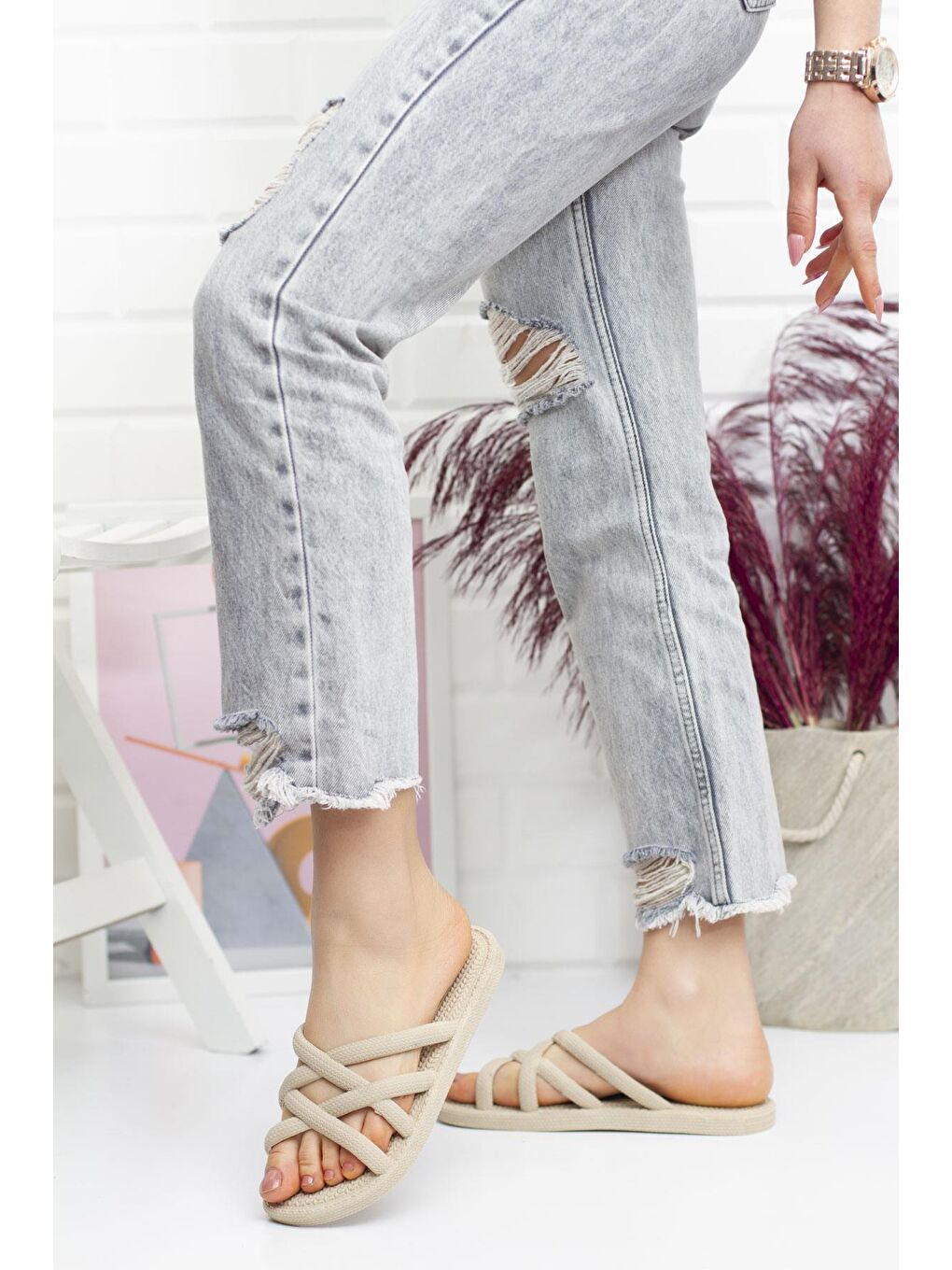 Bej G124.94 İp Desen Kadın Terlik Plaj Deniz Havuz Terliği-1