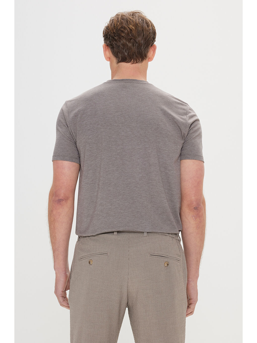 Erkek Kahverengi Slim Fit Dar Kesim Bisiklet Yaka Jakarlı Tişört-3