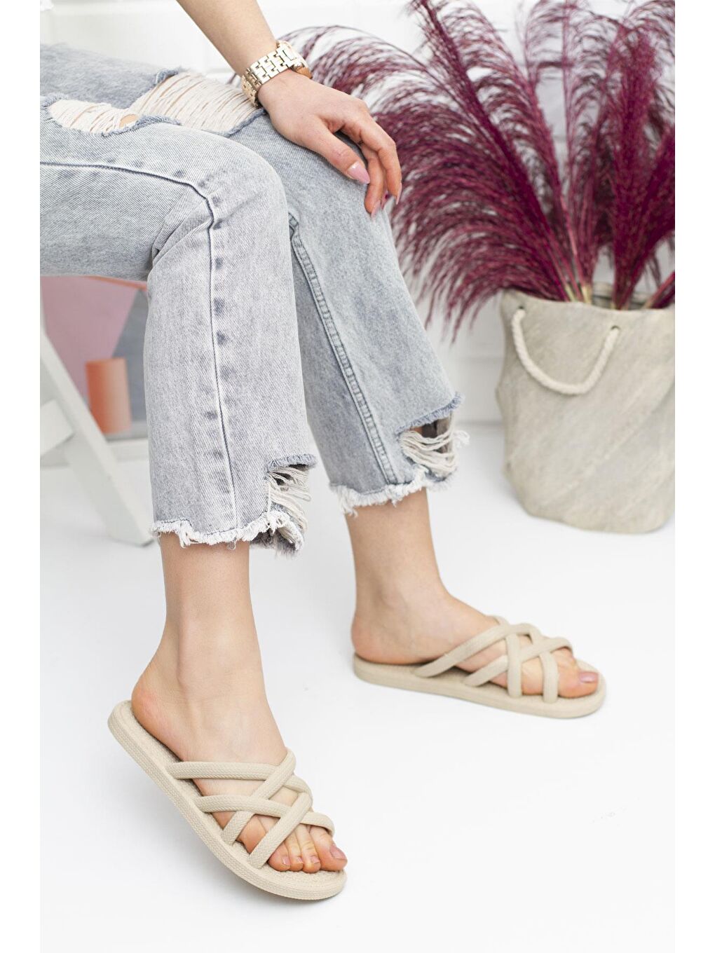 Bej G124.94 İp Desen Kadın Terlik Plaj Deniz Havuz Terliği-2