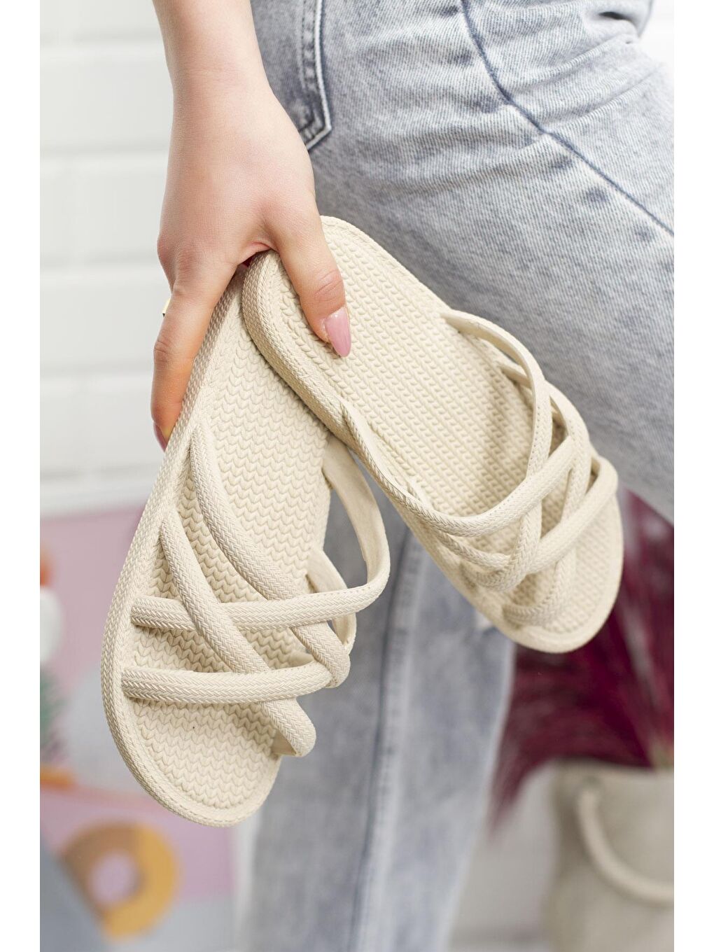 Bej G124.94 İp Desen Kadın Terlik Plaj Deniz Havuz Terliği-3