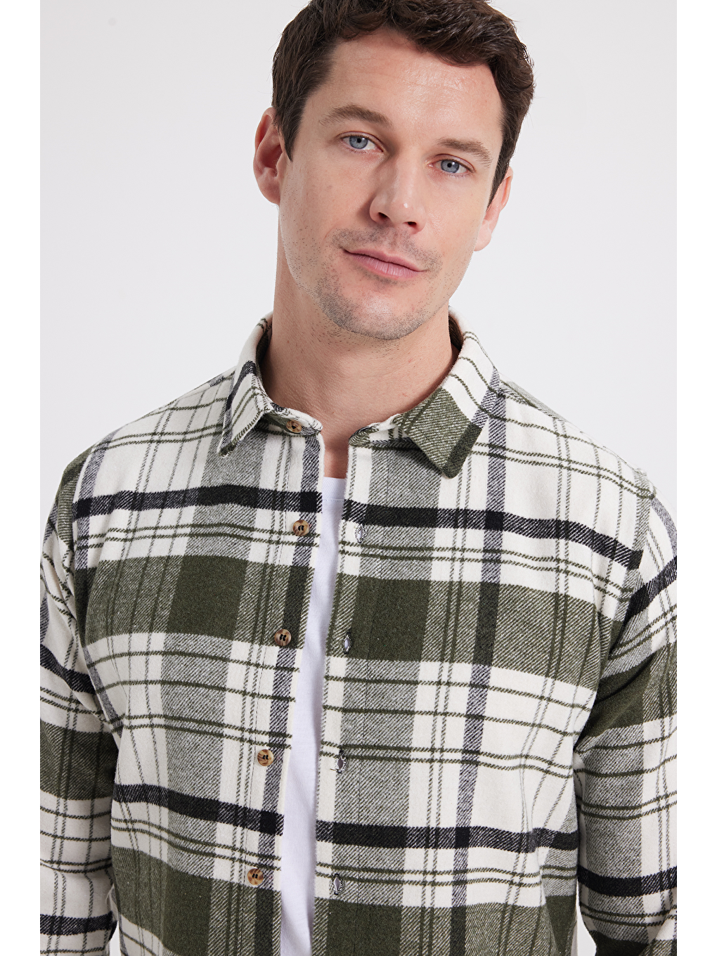 Haki Erkek Slim Fit Dar Kesim Kareli Kışlık Oduncu Gömlek-2