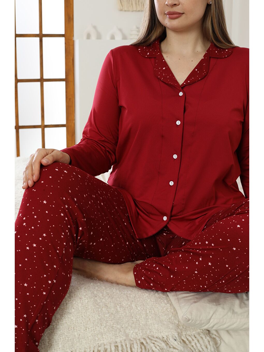 Bordo Desenli Büyük Beden Battal Boy Gömlek Yaka Düğmeli Milan Örme Pijama Takım25224316