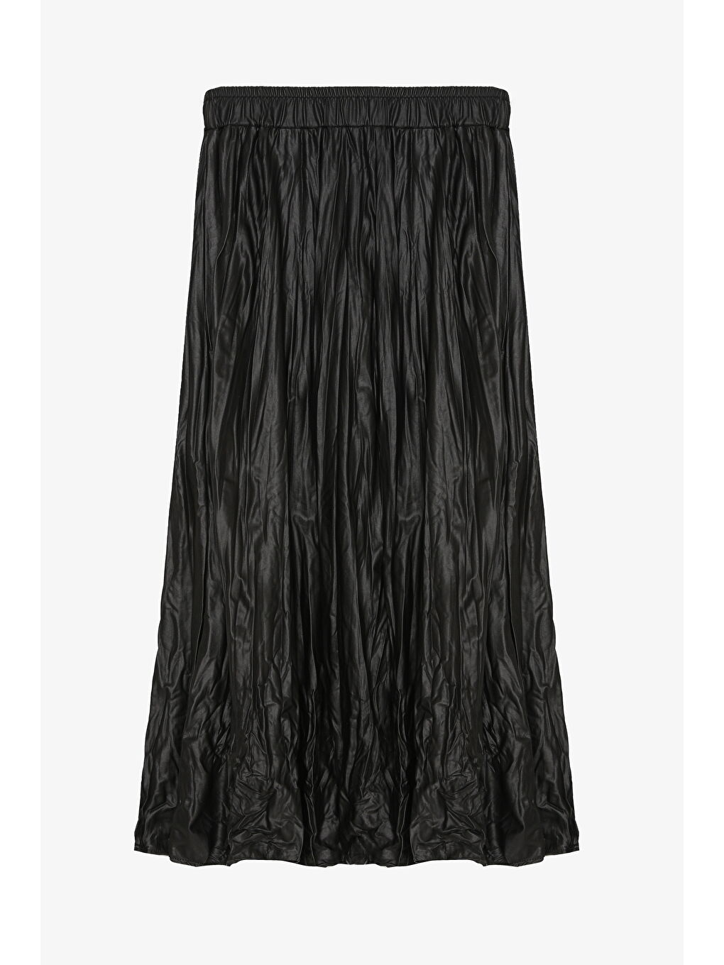 Kırışık Efektli Deri Midi Etek Siyah