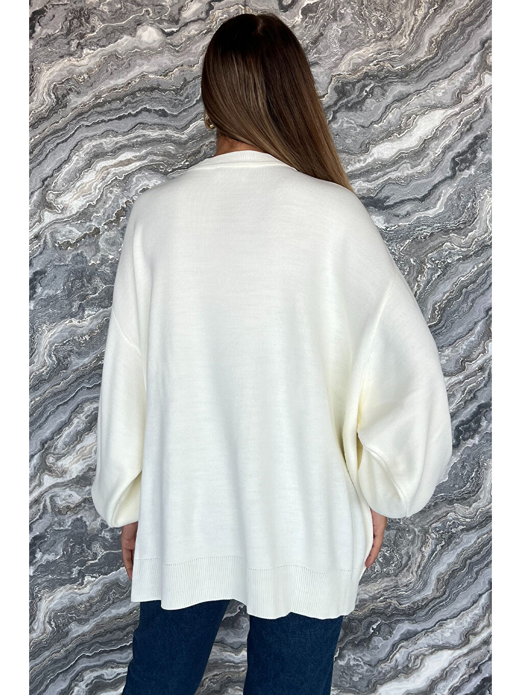 Ekru Kadın Bisiklet Yaka Taşlı Salaş Triko Kazak-2